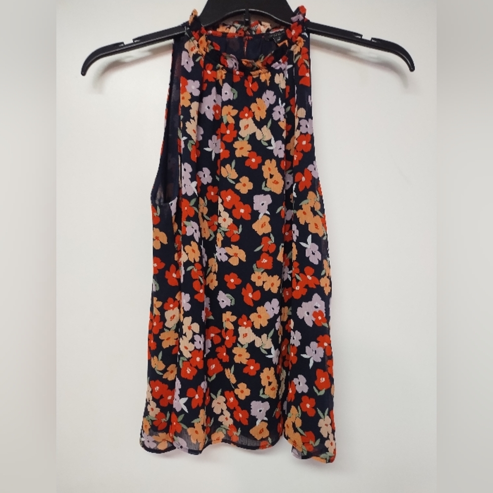 Ann Taylor Factory Navy Floral Sleeveless Top Women's Size Small
